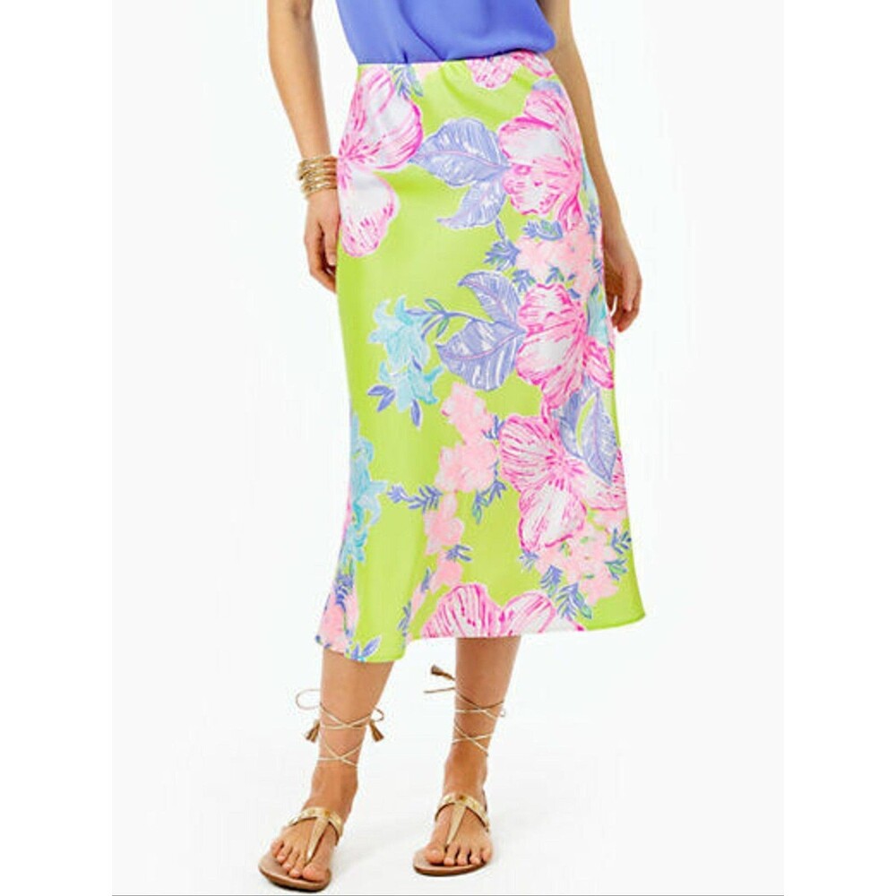 Lilly Pulitzer NWT Matcha Green Boho Babe Cory Satin Midi Skirt 10 Elastic Waist
